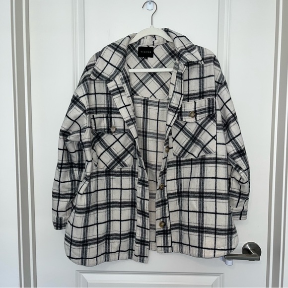 Timing Cream and Black Utility Jacket Oversized Shacket Design - Picture 2 of 5